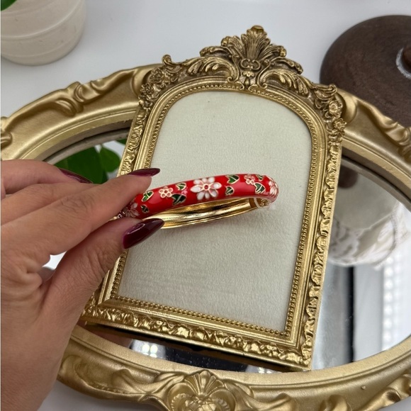 Anthropologie Jewelry - Red Floral Enamel Bangle Bracelet – Vintage Style Hinged Cuff
